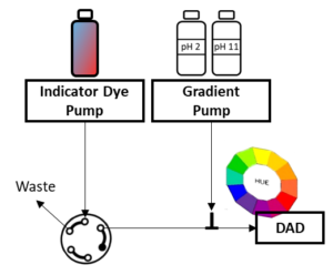 Diagram of the instrumentation used for the determination of pH inside of a liquid chromatograph using pH-sensitive dyes.